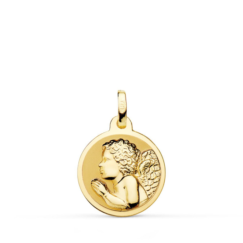 18K MEDALLA ORO AMARILLO " ANGEL NIÑO PIADOSO " REZANDO BRILLO 16 MM