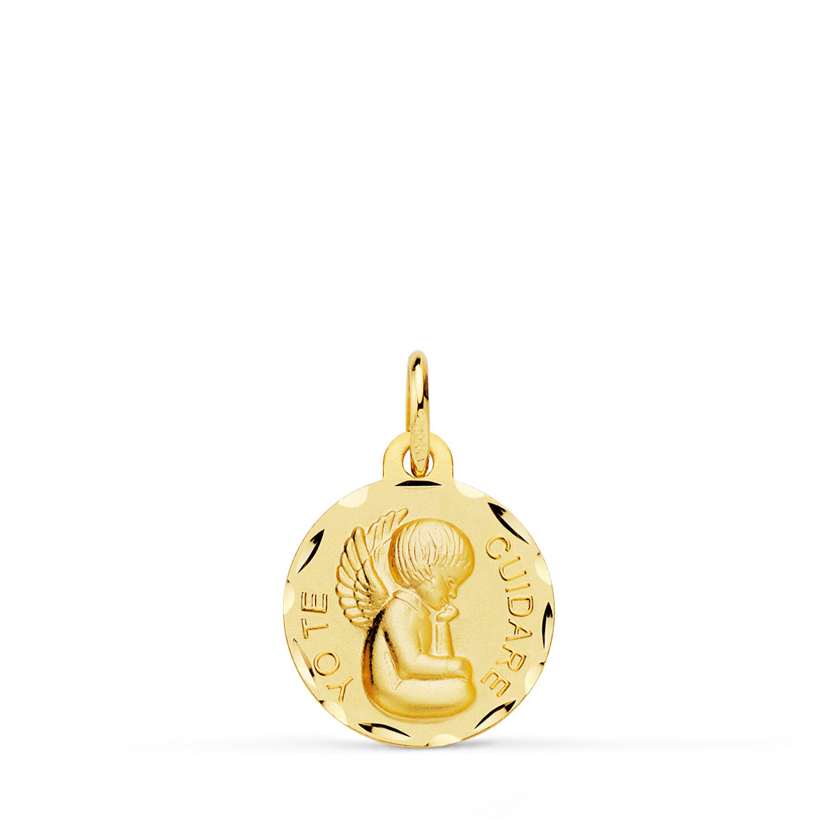 18K MEDALLA ORO AMARILLO ANGELITO "YO TE CUIDARE" TALLADA. MEDIDA: 14 MM