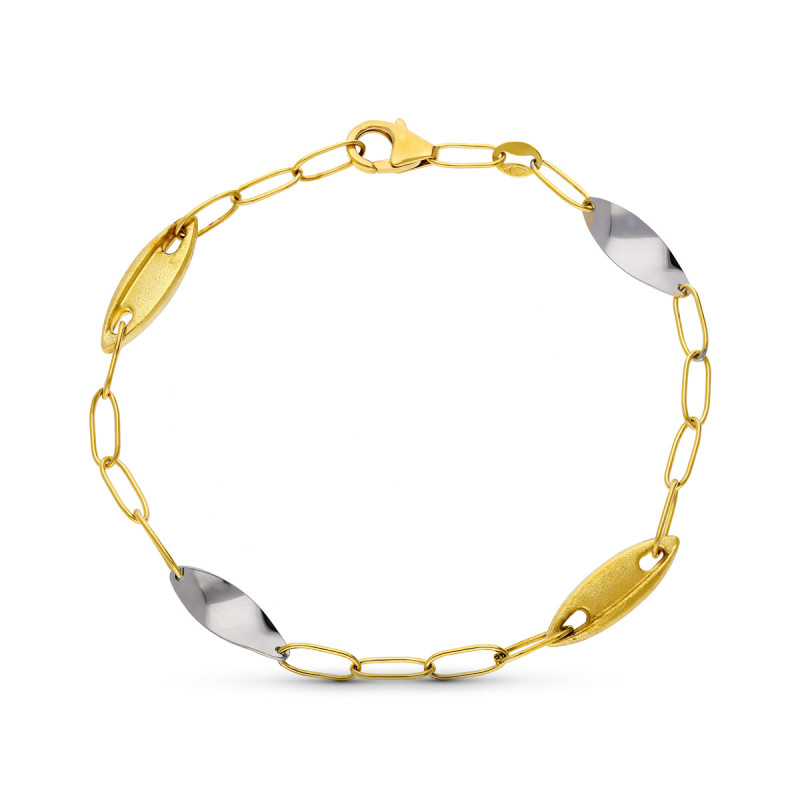 18K PULSERA ORO BICOLOR ESLABONES MATE Y BRILLO