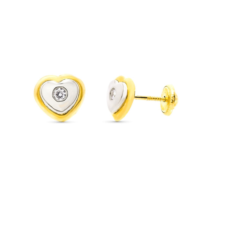 18K PENDIENTES ORO BICOLOR CORAZON 8X7 MM CIERRE TUERCA