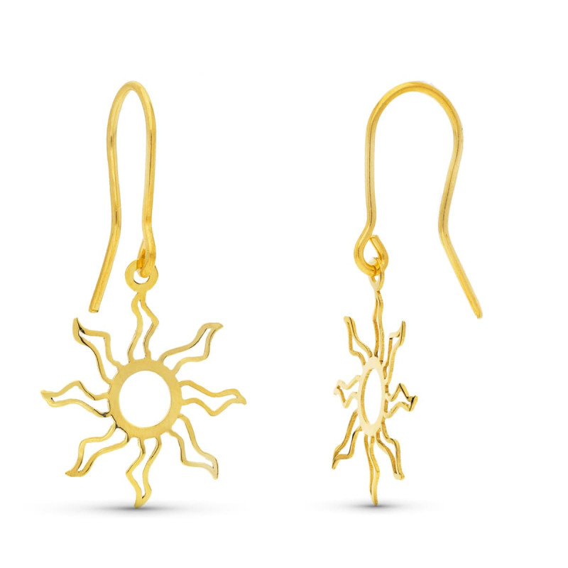 18K PENDIENTES ORO AMARILLO LASER SOL CIERRE GANCHO