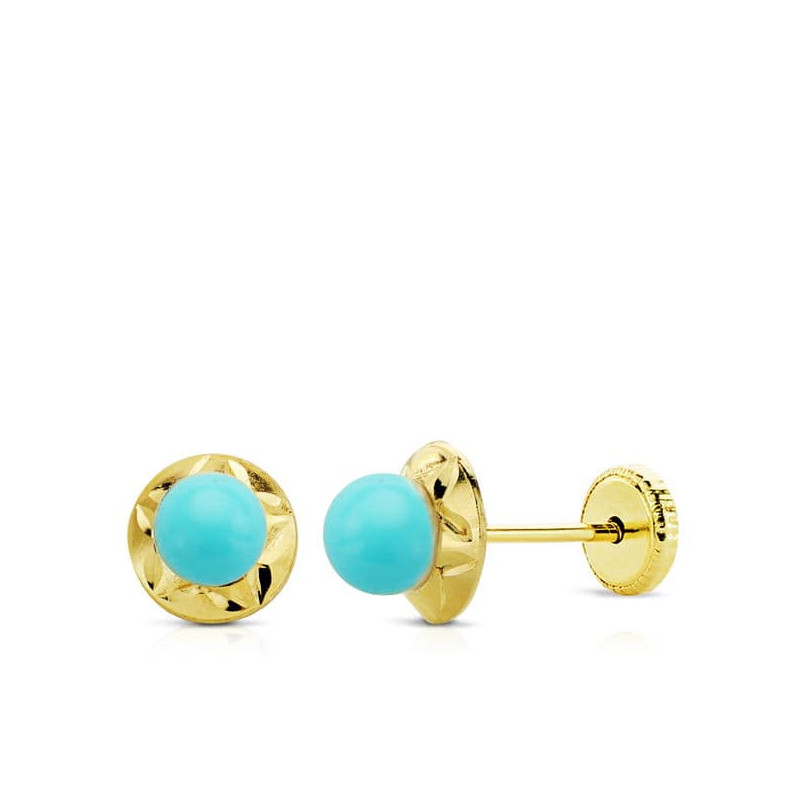 9K PENDIENTES ORO AMARILLO TUERCA TURQUESA ORLA 6 MM