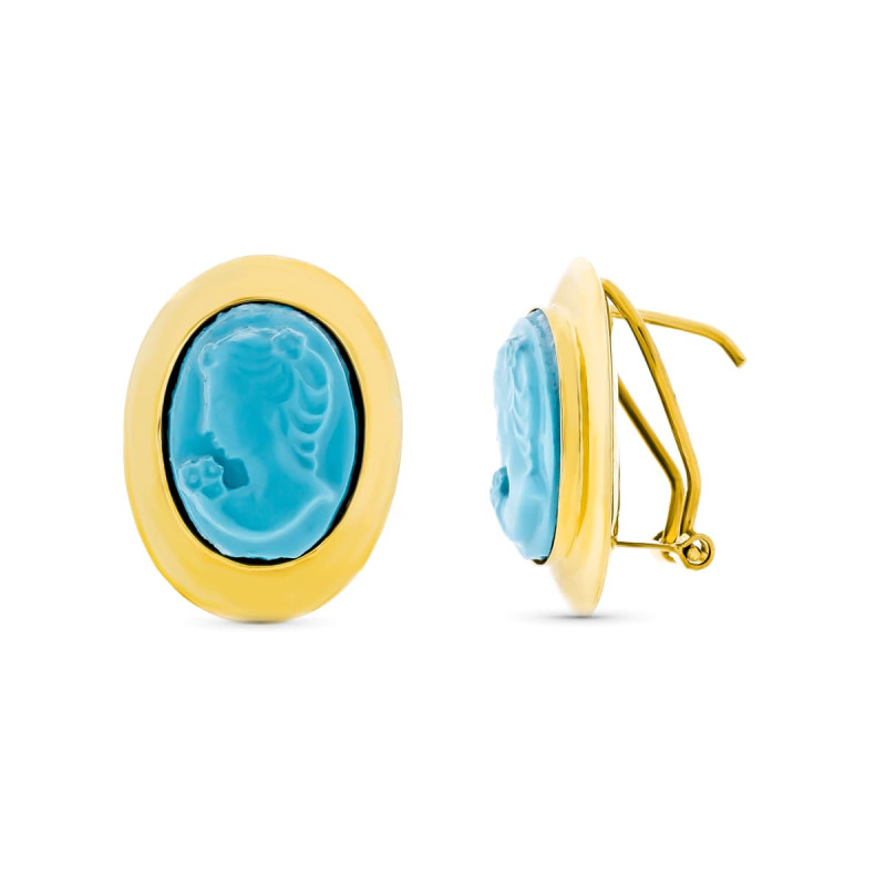 18K PENDIENTES ORO AMARILLO CAMAFEO TURQUESA CIERRE CATALÁN
