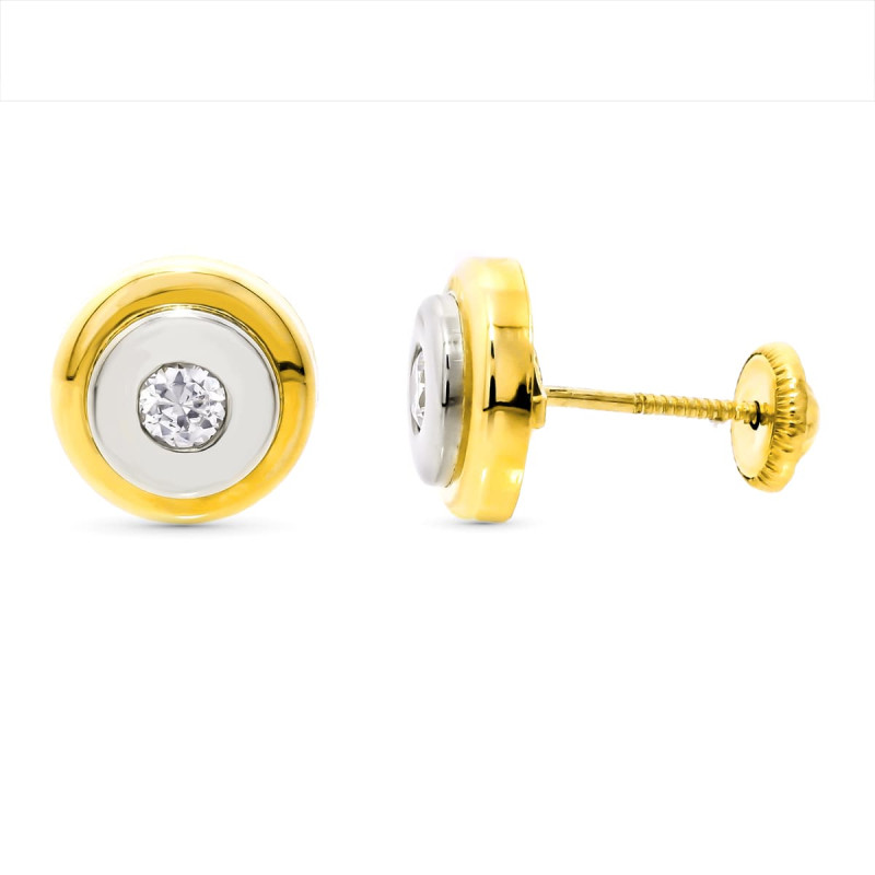 18K PENDIENTES ORO BICOLOR REDONDOS 9 MM CIERRE TUERCA