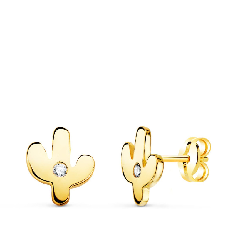 18K PENDIENTES ORO AMARILLO CACTUS MINI CON CIRCONITA 6X5 MM CIERRE PRESION