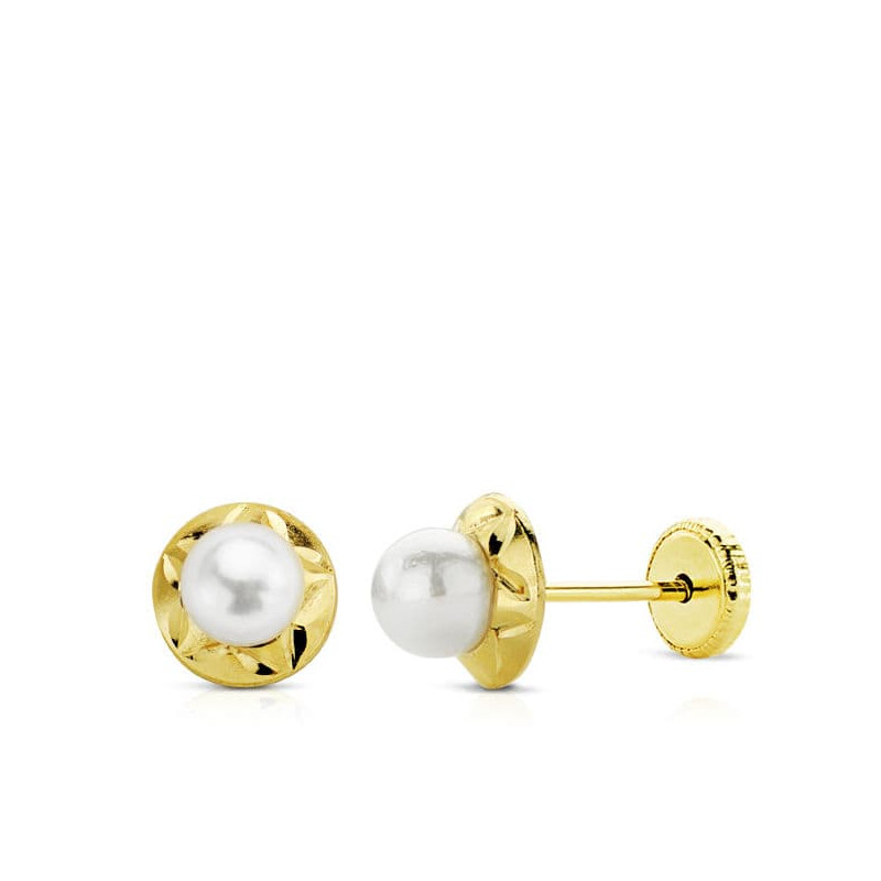 9K PENDIENTES ORO AMARILLO ORLA TALLADA PERLA 4 MM DIAMETRO 6 MM CIERRE TUERCA