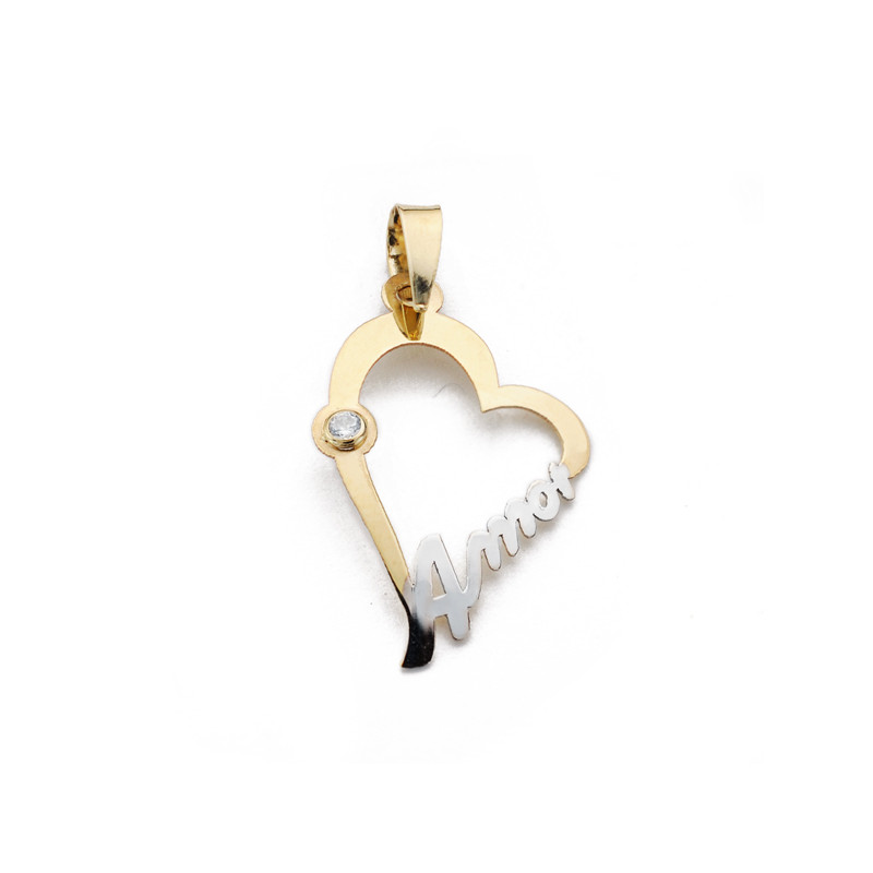 9K COLGANTE ORO BICOLOR CORAZON CON PALABRA AMOR Y CIRCONITA. MEDIDA: 22X15 MM