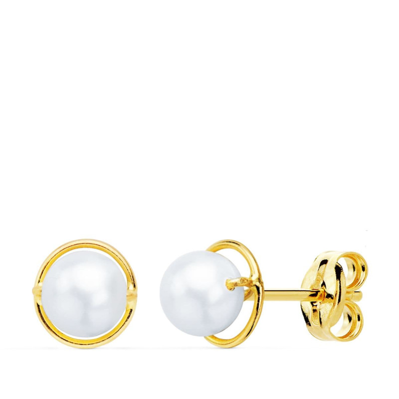 9K PENDIENTES ORO AMARILLO REDONDOS CON PERLAS 5 MM. CIERRE PRESION