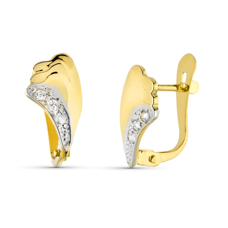 9K PENDIENTES ORO BICOLOR ONDAS BRILLO CON CIRCONITAS. MEDIDA: 12X6 MM CIERRE CATALAN