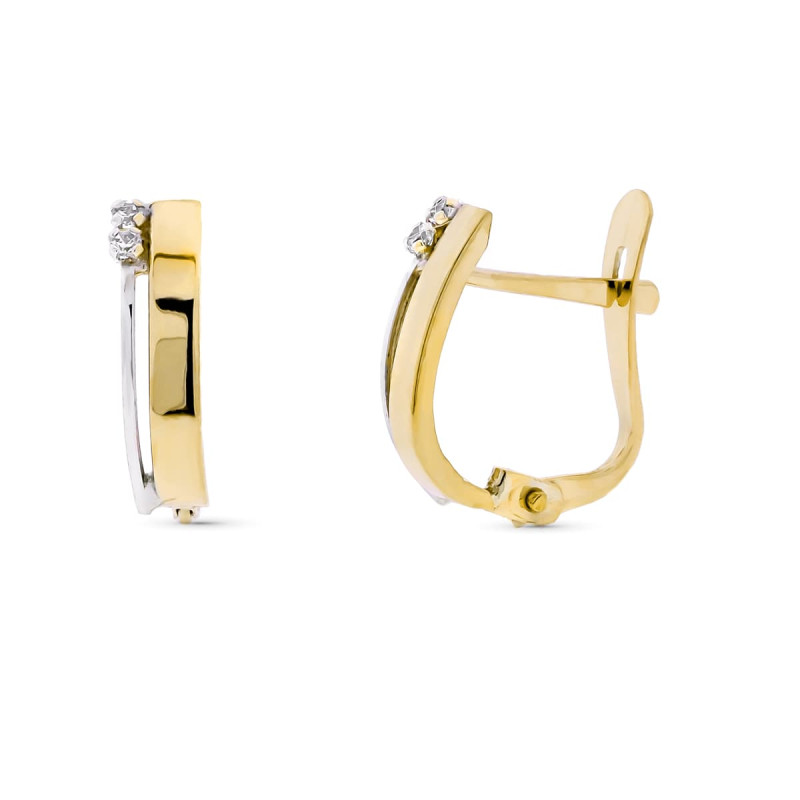 9K PENDIENTES ORO BICOLOR BANDAS Y CIRCONITA. MEDIDA: 13 X 4 MM. CIERRE CATALAN