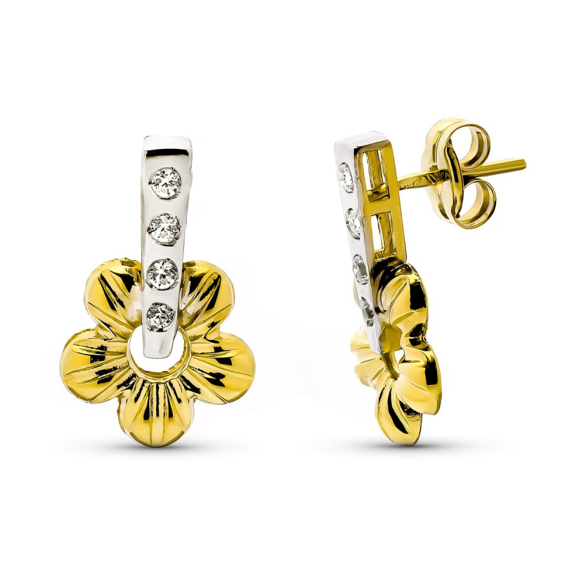 9K PENDIENTES ORO BICOLOR FLOR BANDA CIRCONITA. MEDIDA: 15 X 10 MM. CIERRE PRESION
