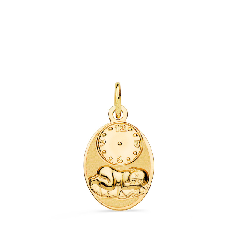 9K MEDALLA ORO AMARILLO OVAL NIÑO DE LA HORA CON RELOJ BRILLO Y MATE 19X12 MM
