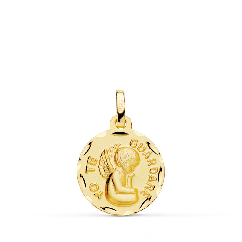 9K MEDALLA ORO AMARILLO TALLADA ANGEL " YO TE GUARDARE " 16 MM