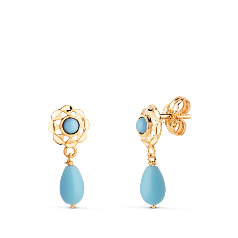 18K PENDIENTES ORO AMARILLO CUBANAS CON TURQUESA REDONDA Y LAGRIMA. 15X6 MM CIERRE PRESION