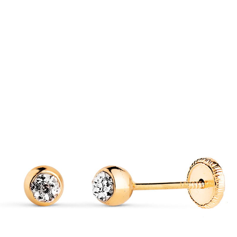 18K PENDIENTES ORO AMARILLO BOLA EN BRILLO CON CIRCONITAS. MEDIDA: 4MM. CIERRE TUERCA