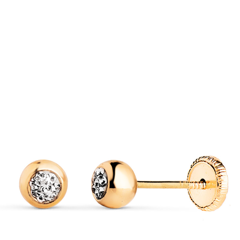 18K PENDIENTES ORO AMARILLO BOLA EN BRILLO CON CIRCONITAS. MEDIDA: 5MM. CIERRE TUERCA