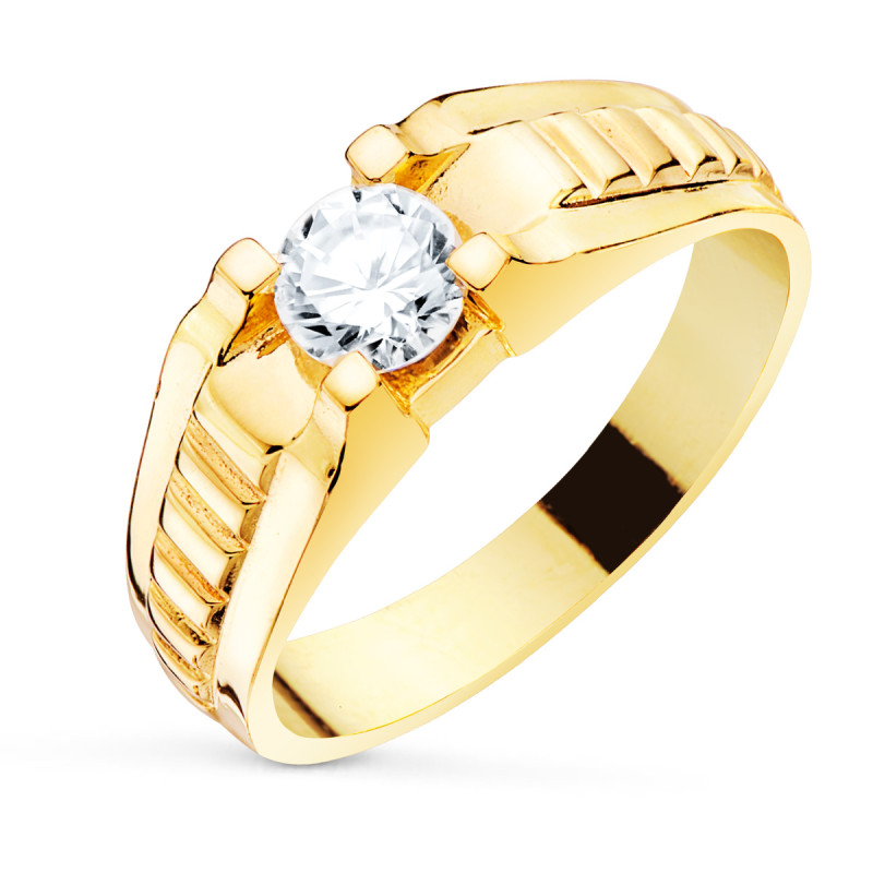 18K SOLITARIO ORO AMARILLO ESTRIAS CABALLERO CIRCONITA 5.5 MM