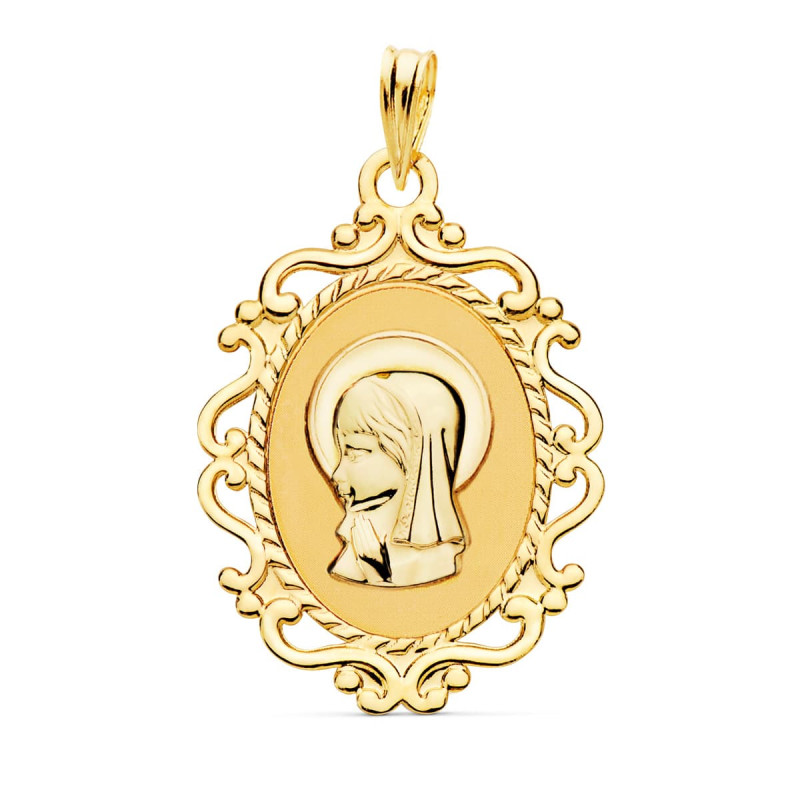 18K MEDALLA ORO AMARILLO VIRGEN NIÑA PERFIL CERCO CALADO BRILLO. 23 X 16 MM