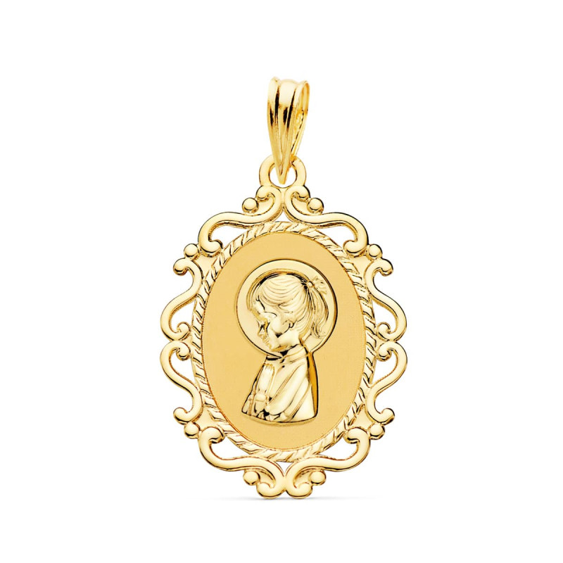 18K MEDALLA ORO AMARILLO VIRGEN NIÑA PERFIL CERCO CALADO BRILLO 23X16 MM