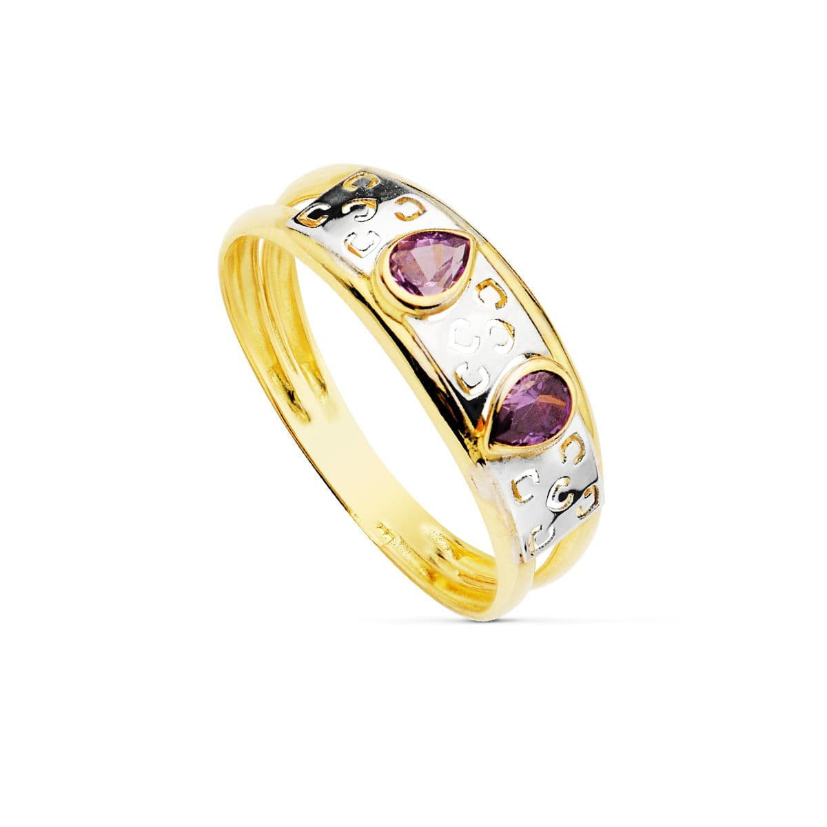 18K SORTIJA ORO BICOLOR DOBLE CUERPO MOTIVO CALADO Y CIRCONTIAS AMATSITA. ANCHO: 4 MM