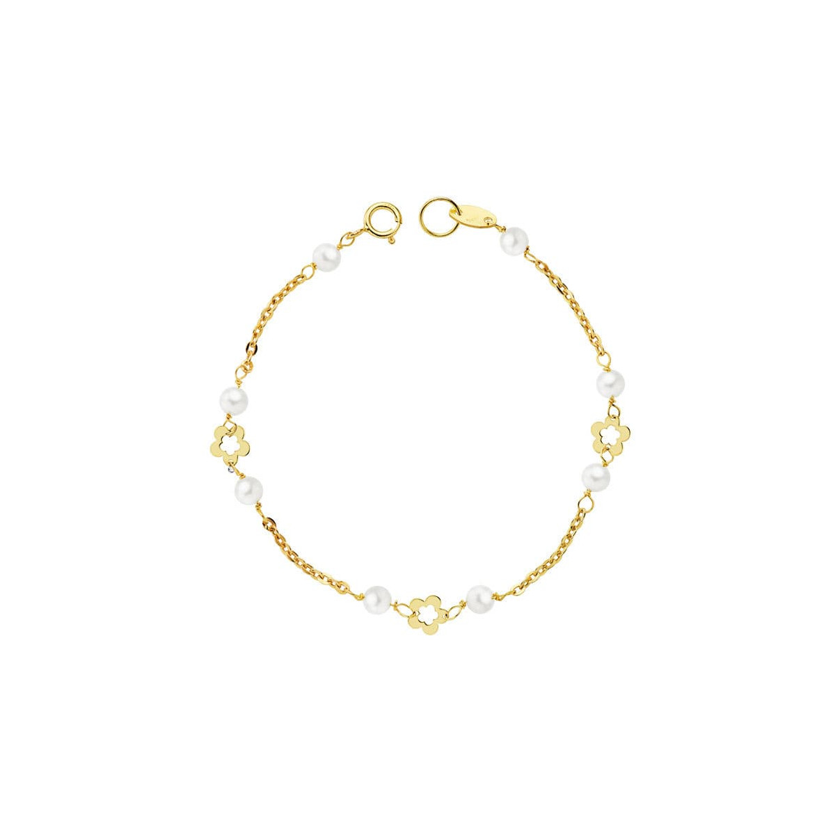 18K PULSERA ORO AMARILLO PERLAS 3,5 MM Y FLORES 12CM
