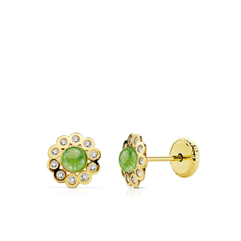 18K PENDIENTES ORO AMARILLO FLOR PIEDRA VERDE Y CIRCONITA CIERRE TUERCA