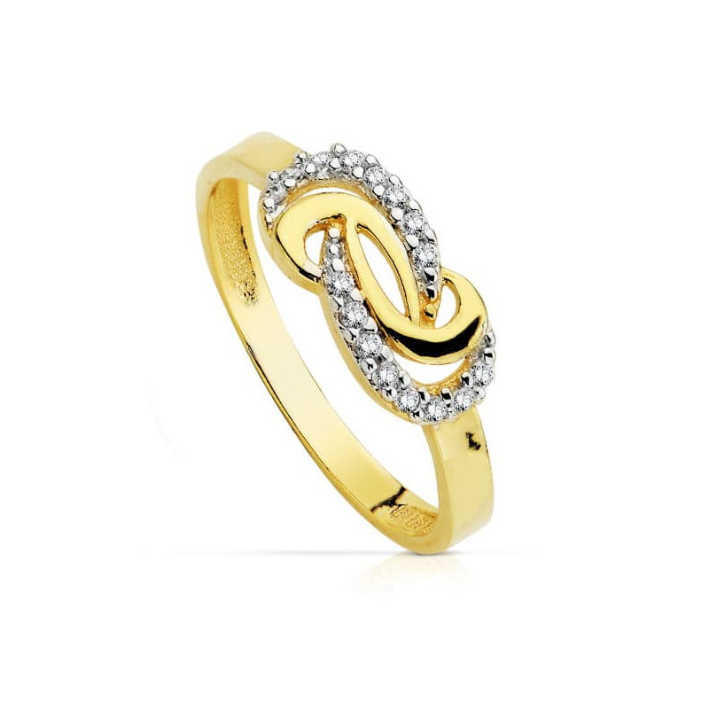 18K SORTIJA ORO BICOLOR CON MOTIVO Y CIRCONITAS. 13 X 6.5 MM
