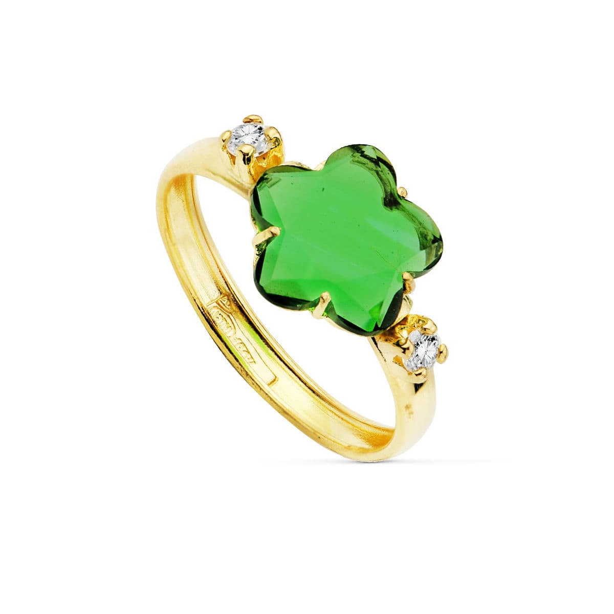 18K SORTIJA ORO AMARILLO CON CIRCONITA VERDE FORMA FLOR 10X10 MM.