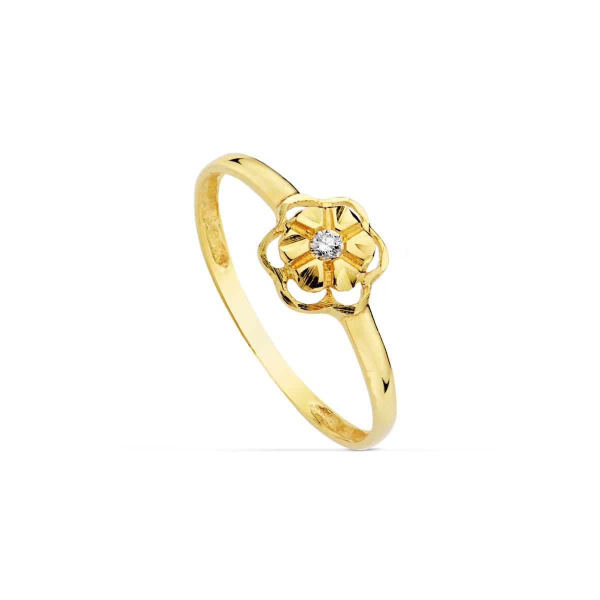 18K SORTIJA ORO AMARILLO FLOR CALADA CON CIRCONITA. ANCHO: 6,5 MM