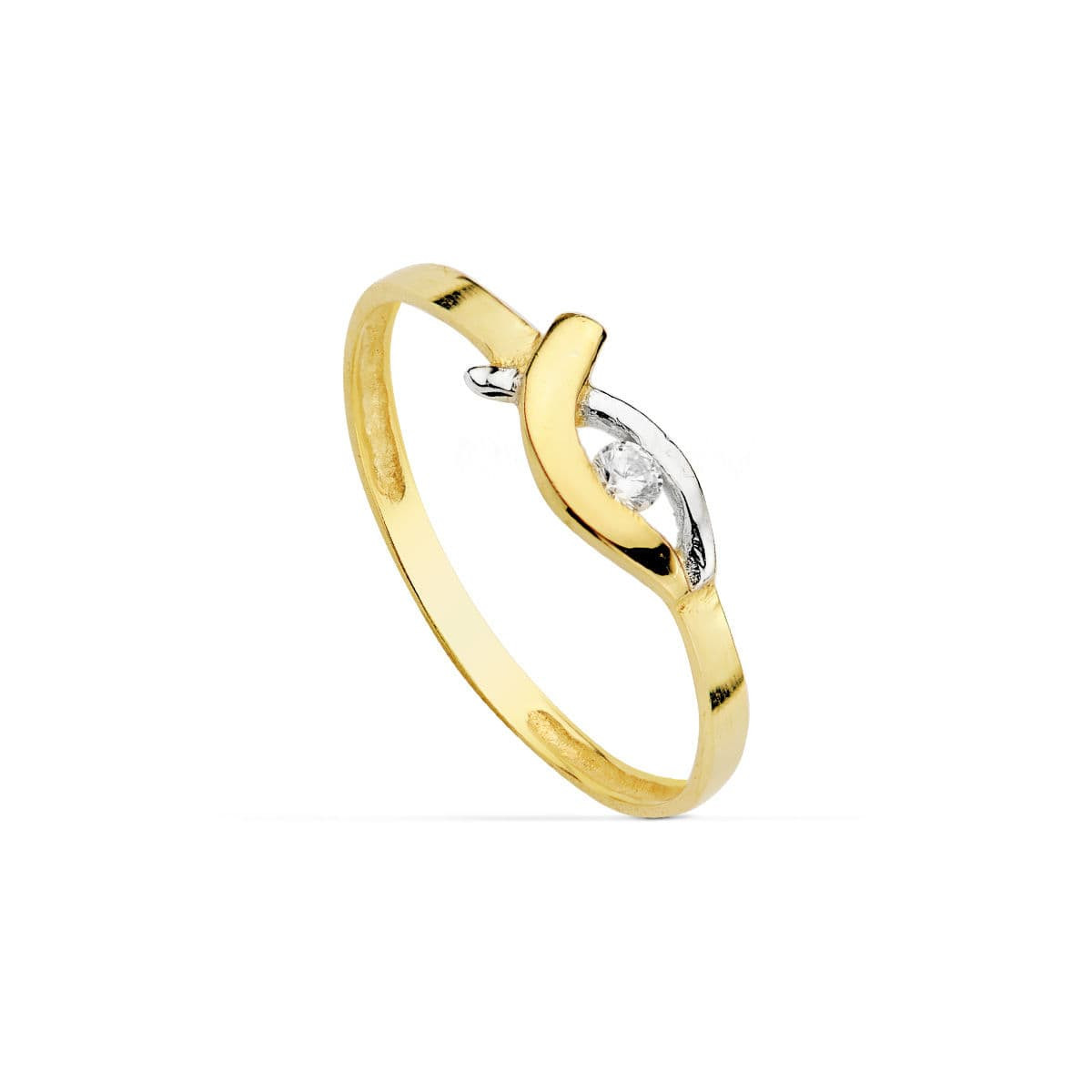 18K SORTIJA ORO BICOLOR CON MOTIVO CRUZADO Y CIRCONITA. ANCHO: 4,5 MM
