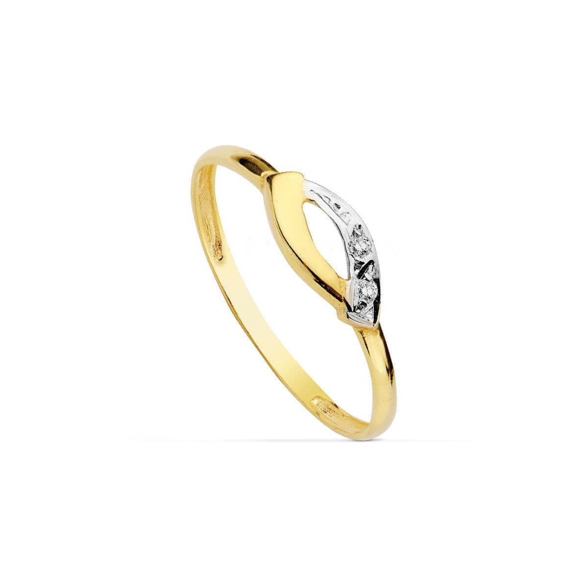 18K SORTIJA ORO BICOLOR CON MOTIVO Y CIRCONITAS. ANCHO: 4,5 MM