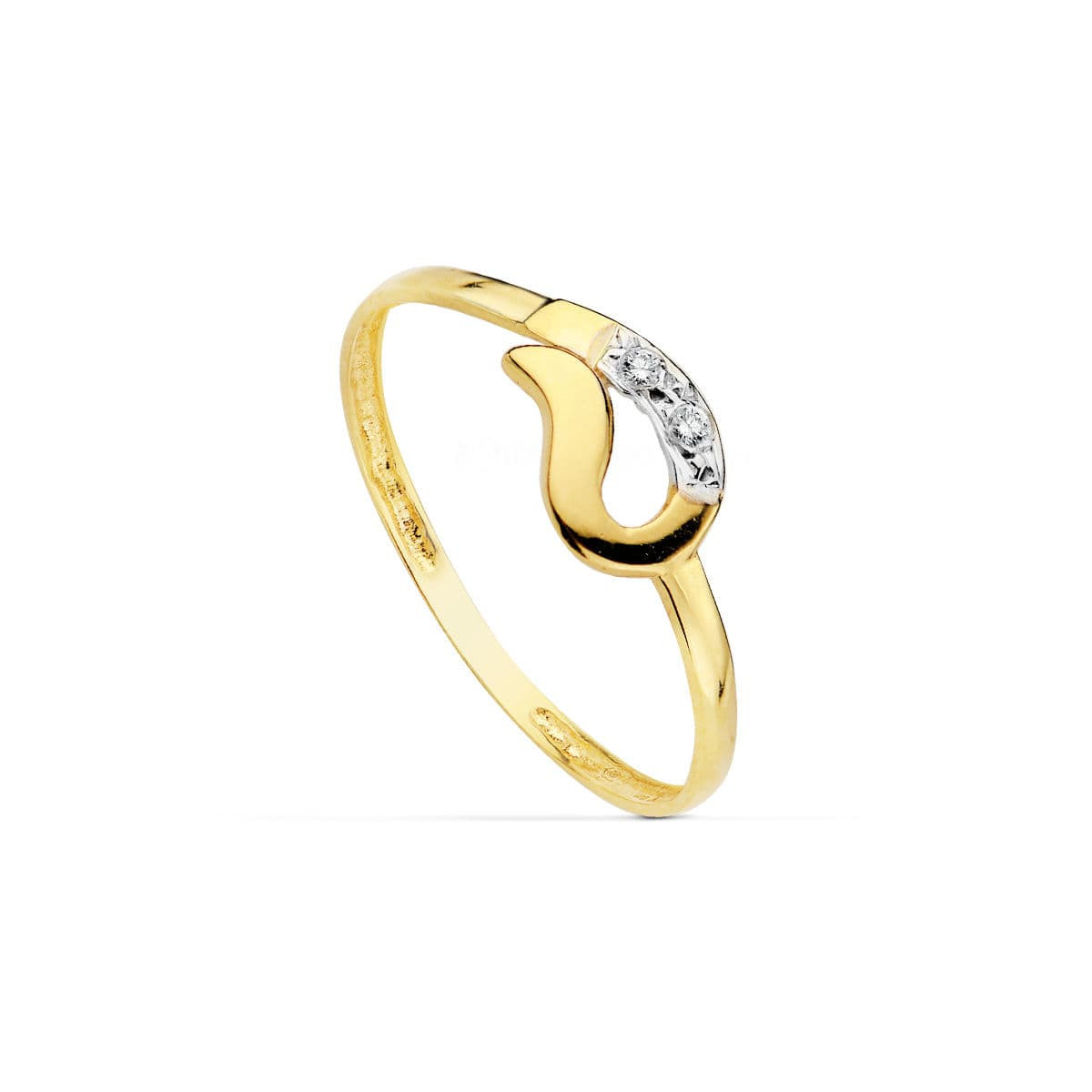 18K SORTIJA ORO BICOLOR CON MOTIVO Y CIRCONITAS. ANCHO: 6 MM