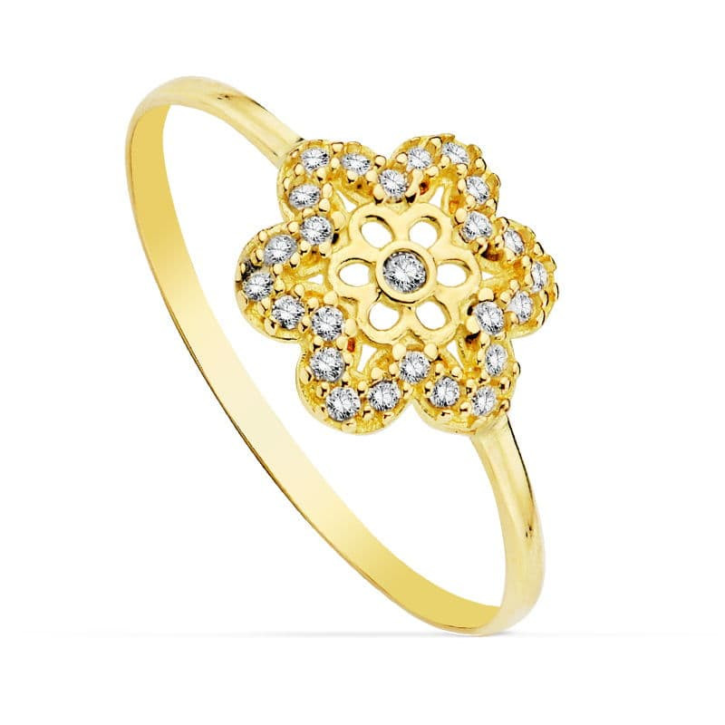 18K SORTIJA ORO AMARILLO FLOR CALADA CON CIRCONITAS. ANCHO: 9 MM