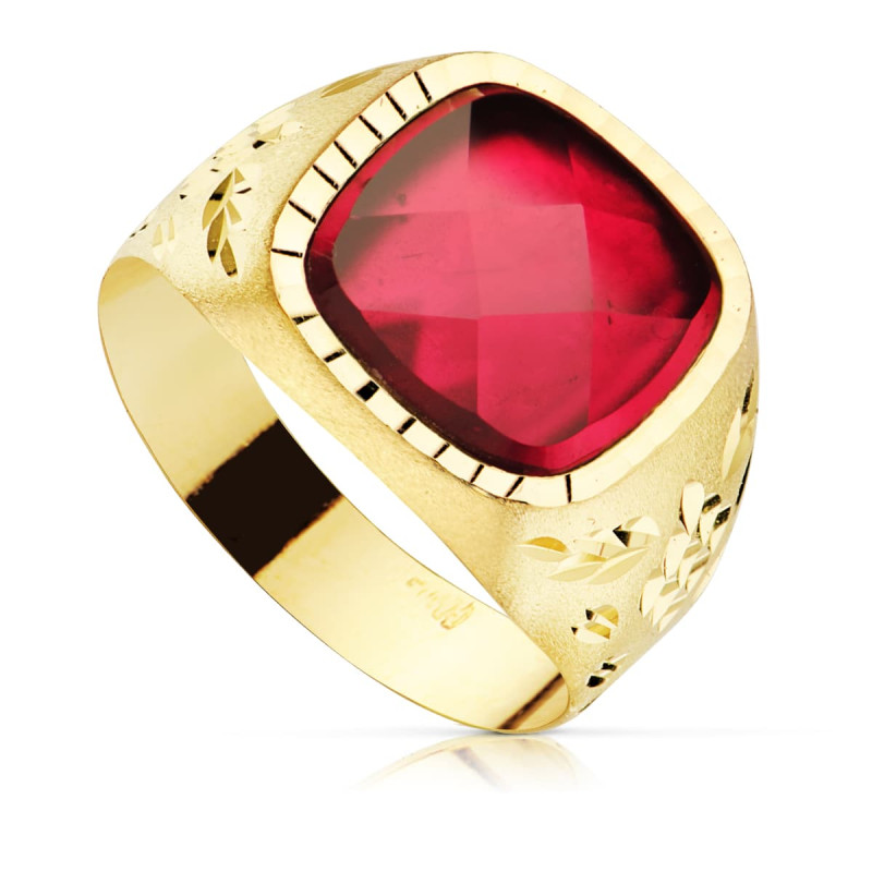 18K SELLO CABALLERO ORO AMARILLO PIEDRA RUBI SPINEL 11X11 MM
