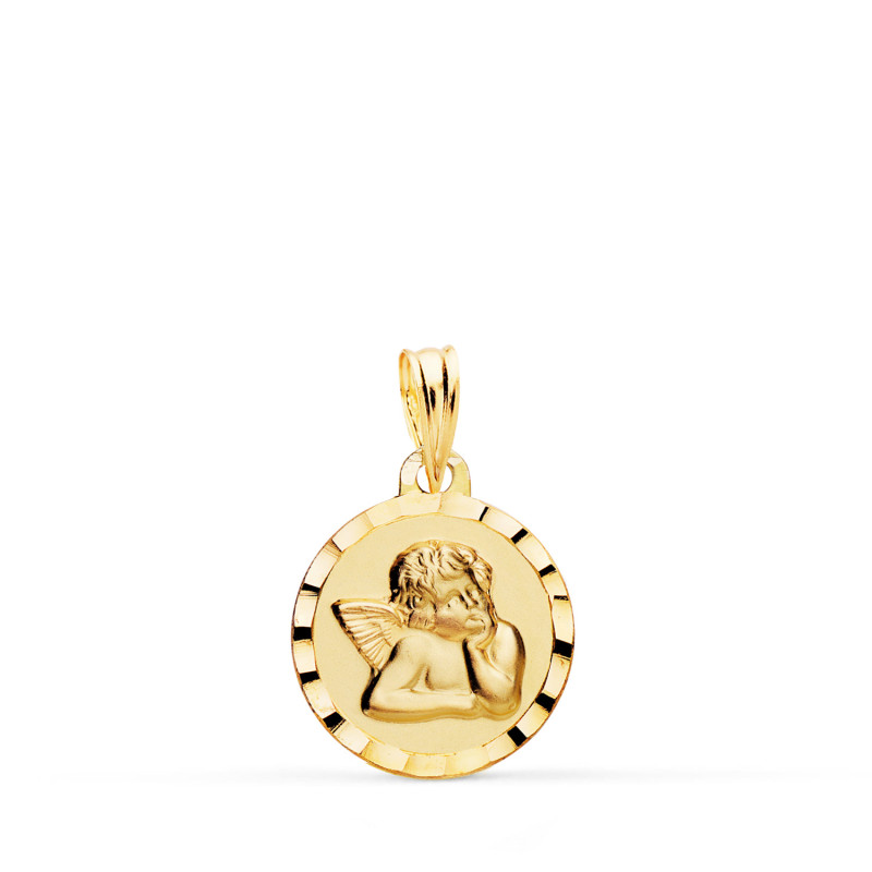 9K MEDALLA ORO AMARILLO ANGELITO BURLON BORDES TALLADOS 14 MM