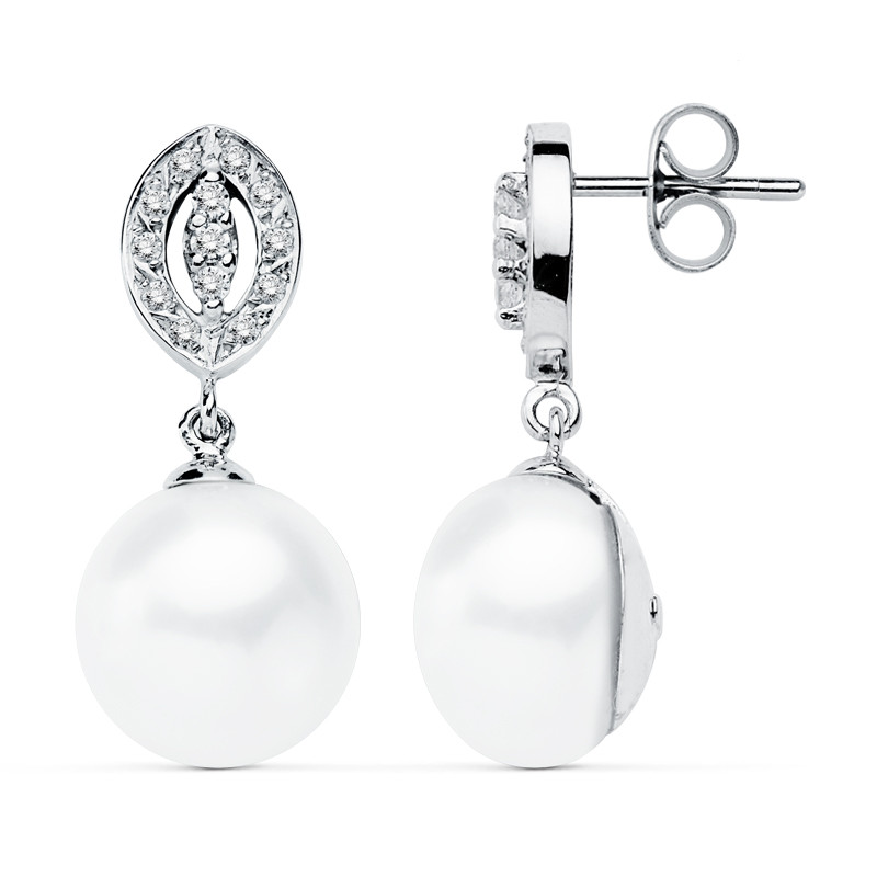 9K PENDIENTES ORO BLANCO PERLA 27X11 MM CIERRE PRESION