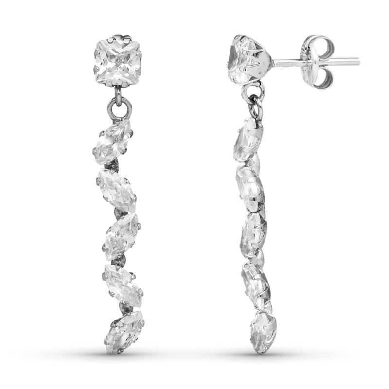 9K PENDIENTES ORO BLANCO LARGOS CIRCONITAS. 28 X 5MM. CIERRE PRESION
