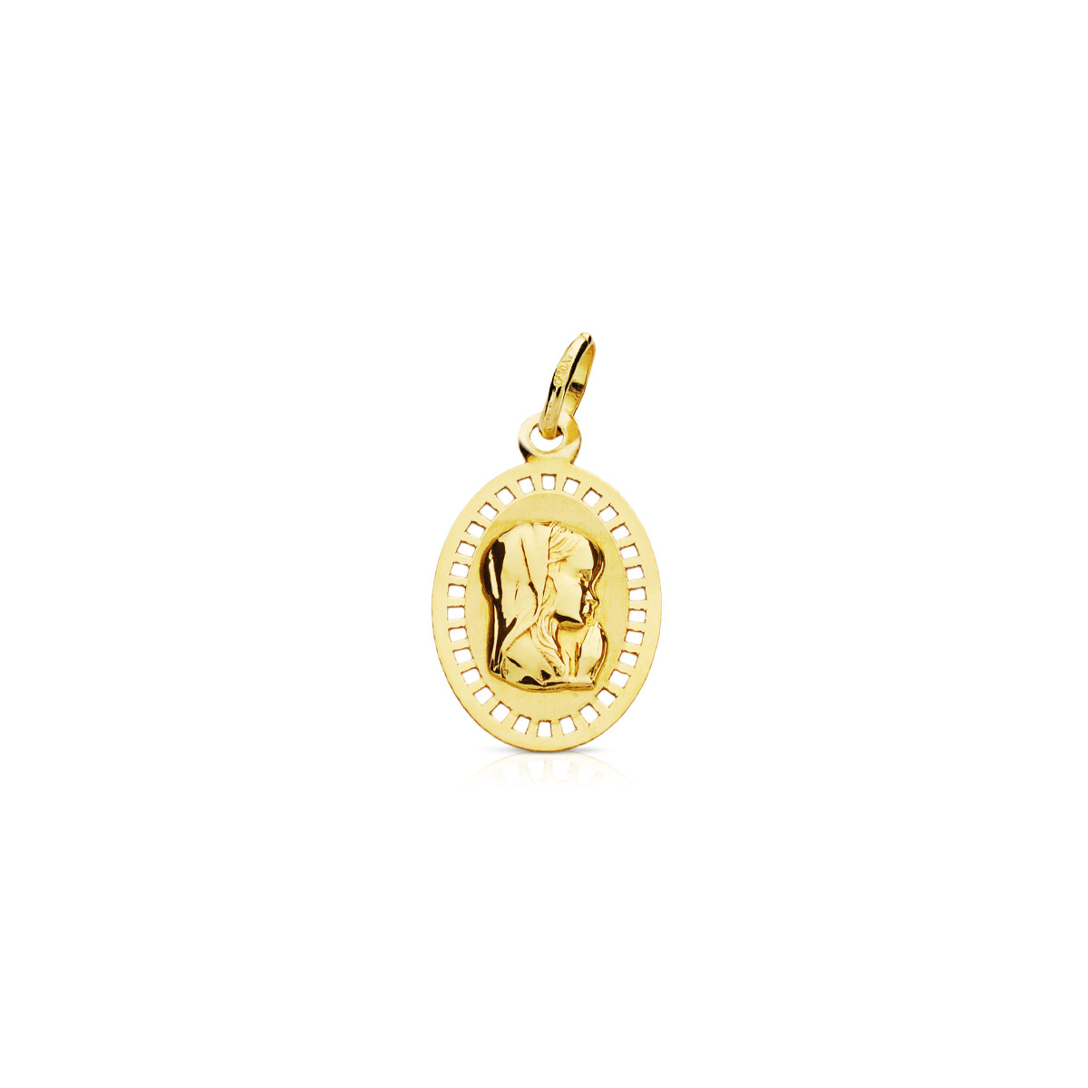 9K MEDALLA ORO AMARILLO VIRGEN NIÑA CERCO CALADO 19X12 MM