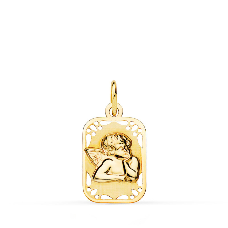 9K MEDALLA ORO AMARILLO RECTANGULAR ANGELITO BURLON BRILLO Y MATE 19X11 MM