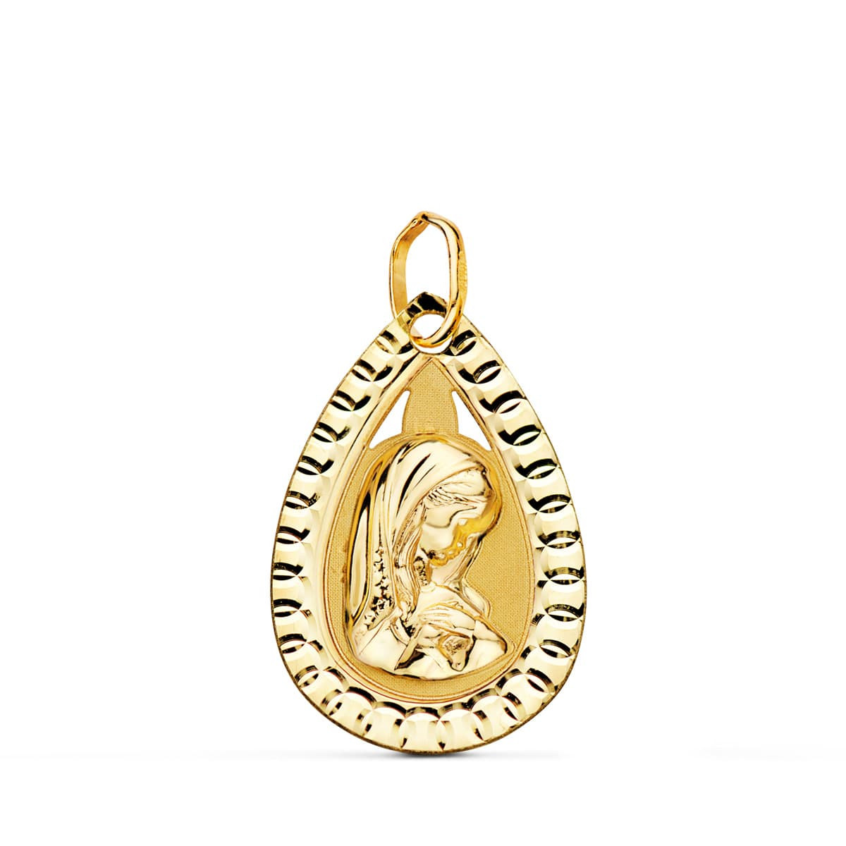 9K MEDALLA ORO AMARILLO GOTA CON VIRGEN NIÑA Y BORDE TALLADO 20X13 MM