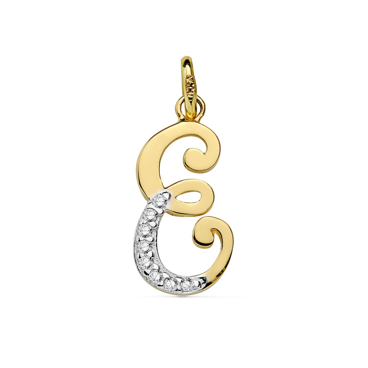 9K COLGANTE ORO AMARILLO LETRA E CIRCONITA 17X8 MM