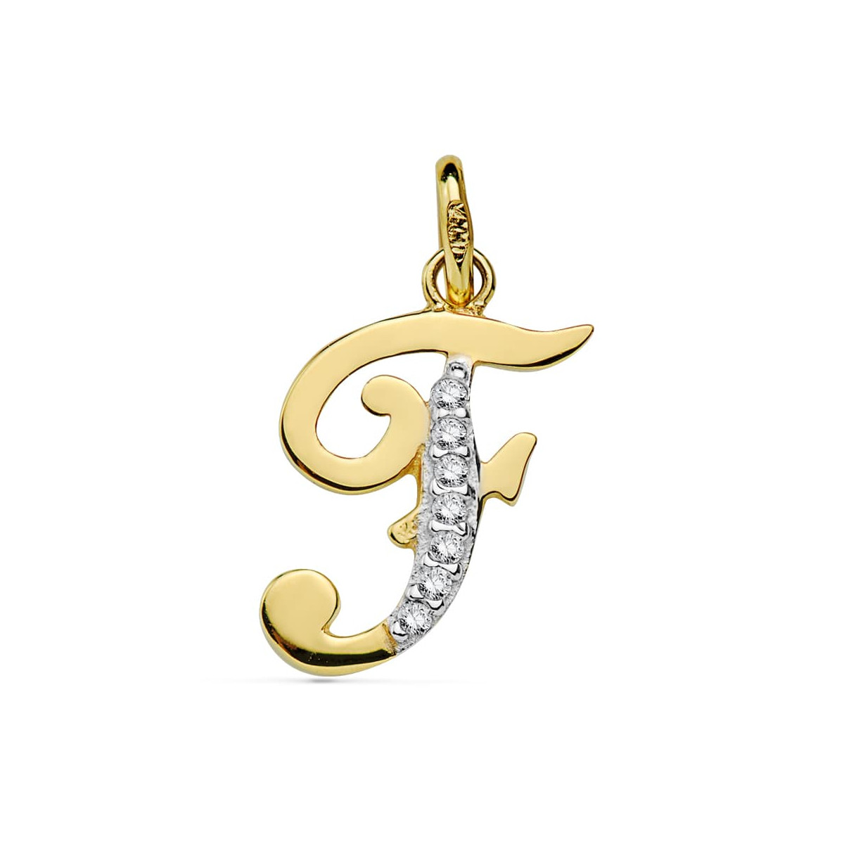 9K COLGANTE ORO AMARILLO LETRA F CIRCONITA 16X12 MM