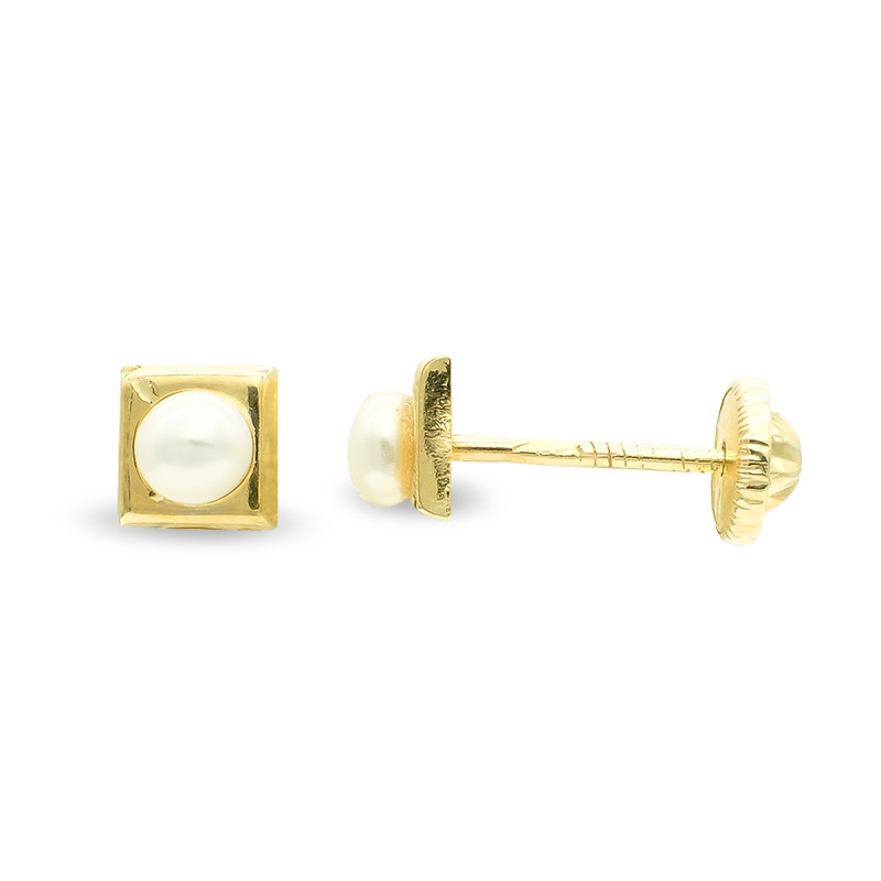 9K PENDIENTES ORO AMARILLO CUADRADOS 4 MM PERLA3 MM CIERRE TUERCA