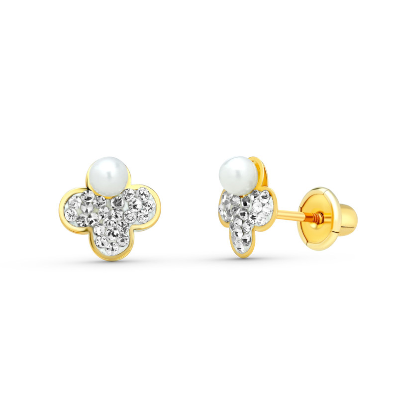 9K PENDIENTES ORO AMARILLO TREBOL. 7X7 MM  CIERRE TUERCA