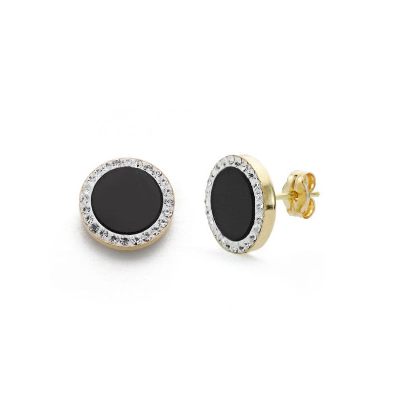 9K PENDIENTES ORO BICOLOR ONIX Y CIRCONITA 11 MM CIERRE PRESION