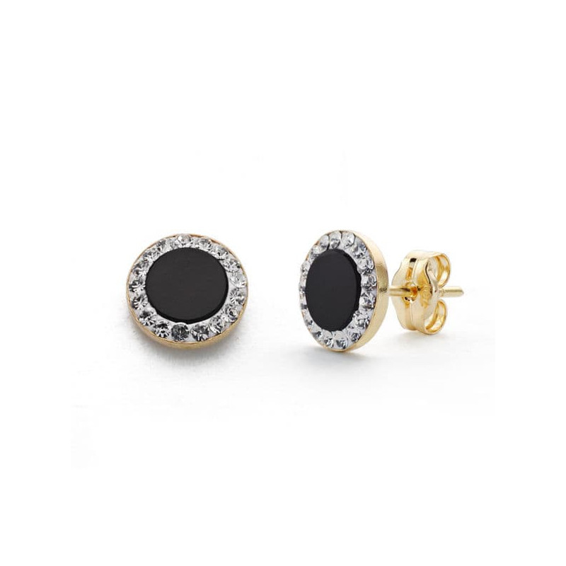 9K PENDIENTES ORO BICOLOR ONIX CIRCONITA 7 MM CIERRE PRESION