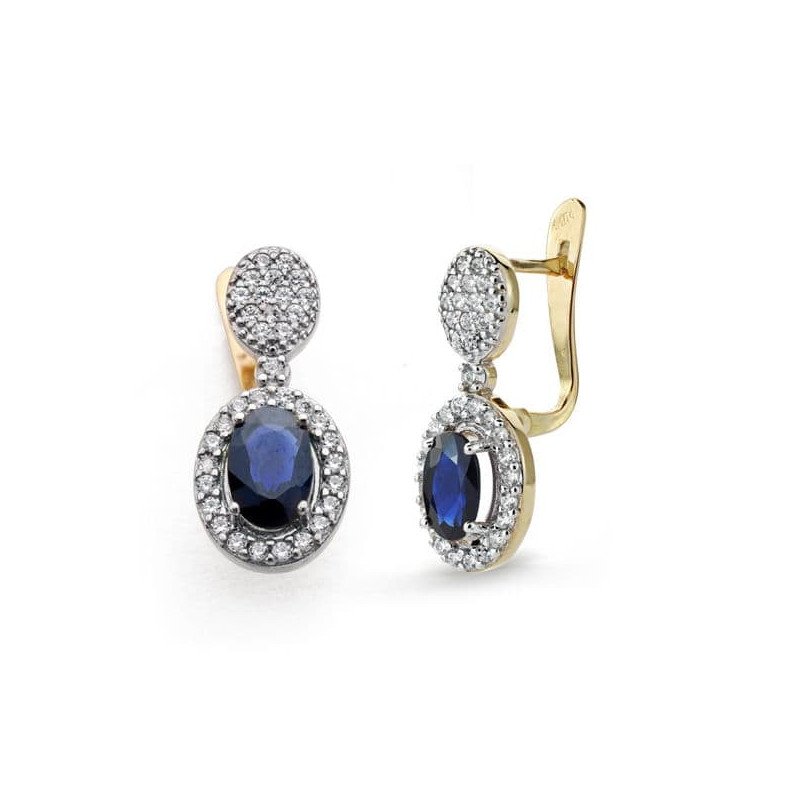 9K PENDIENTES ORO BICOLOR ZAFIRO AZUL 1.24 QT Y CIRCONITA 18X8 MM CIERRE CATALAN