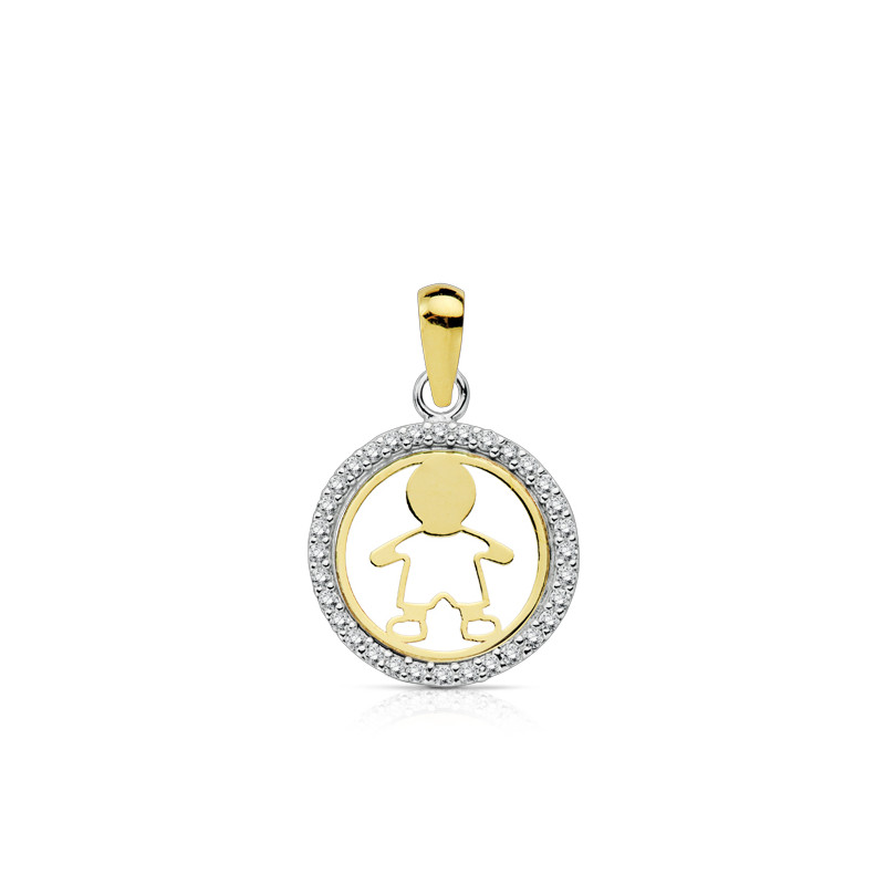 9K COLGANTE ORO BICOLOR REDONDO CERCO CON CIRCONITAS Y NIÑO CALADO. MEDIDA: 13MM