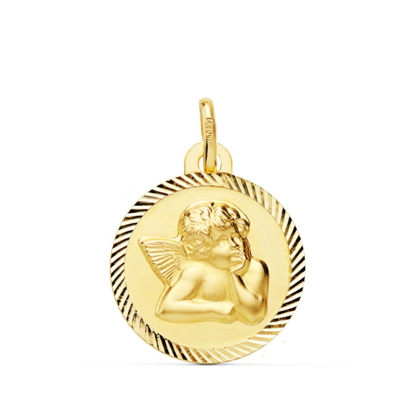 9K MEDALLA ORO AMARILLO REDONDA ANGELITO BURLON CERCO TALLADO 16 MM