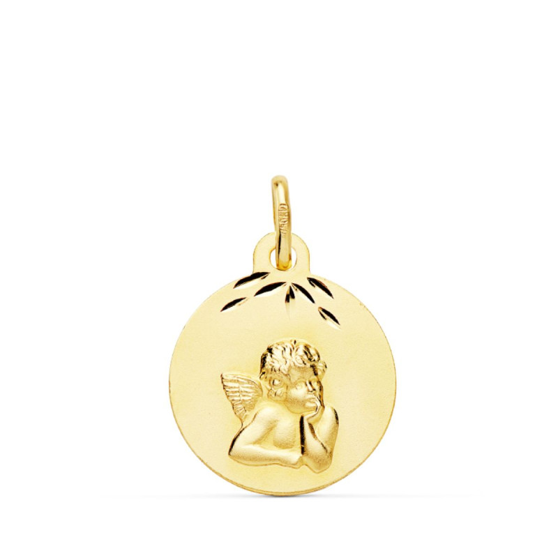 9K MEDALLA ORO AMARILLO REDONDA ANGEL BURLON MATIZADO TALLADO 14 MM